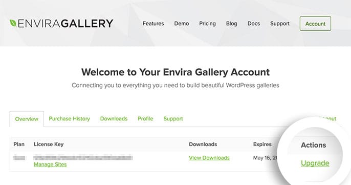 Select the Upgrade link in the Overview tab of your Envira Gallery account to upgrade your license.
