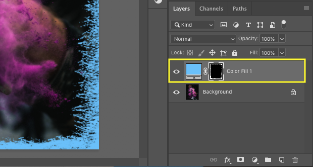 Layers panel with yellow box around solid layer and black layer mask