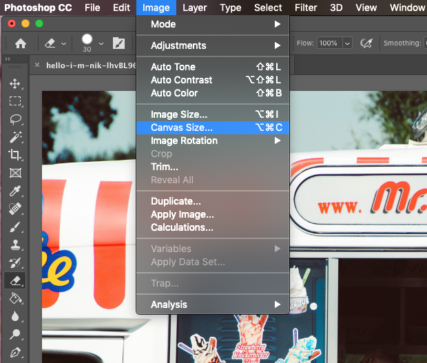 Screenshot of Photoshop's Image menu extended and "Canvas Size" option highlighted