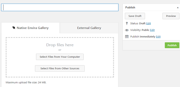Creating an Envira gallery post, showing the drag and drop file section