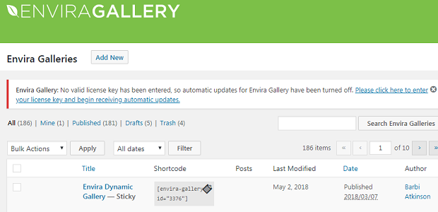 Envira Gallery back-end, showing the add new post button